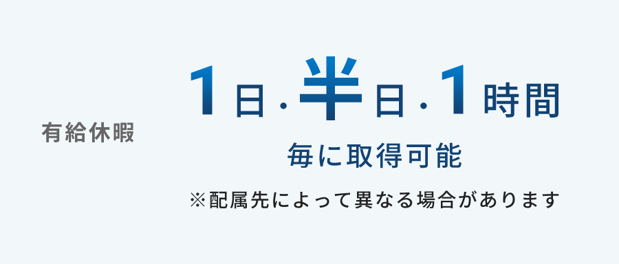 有休休暇 1日・半日・1時間毎に取得可能 ※配属先によって異なる場合があります